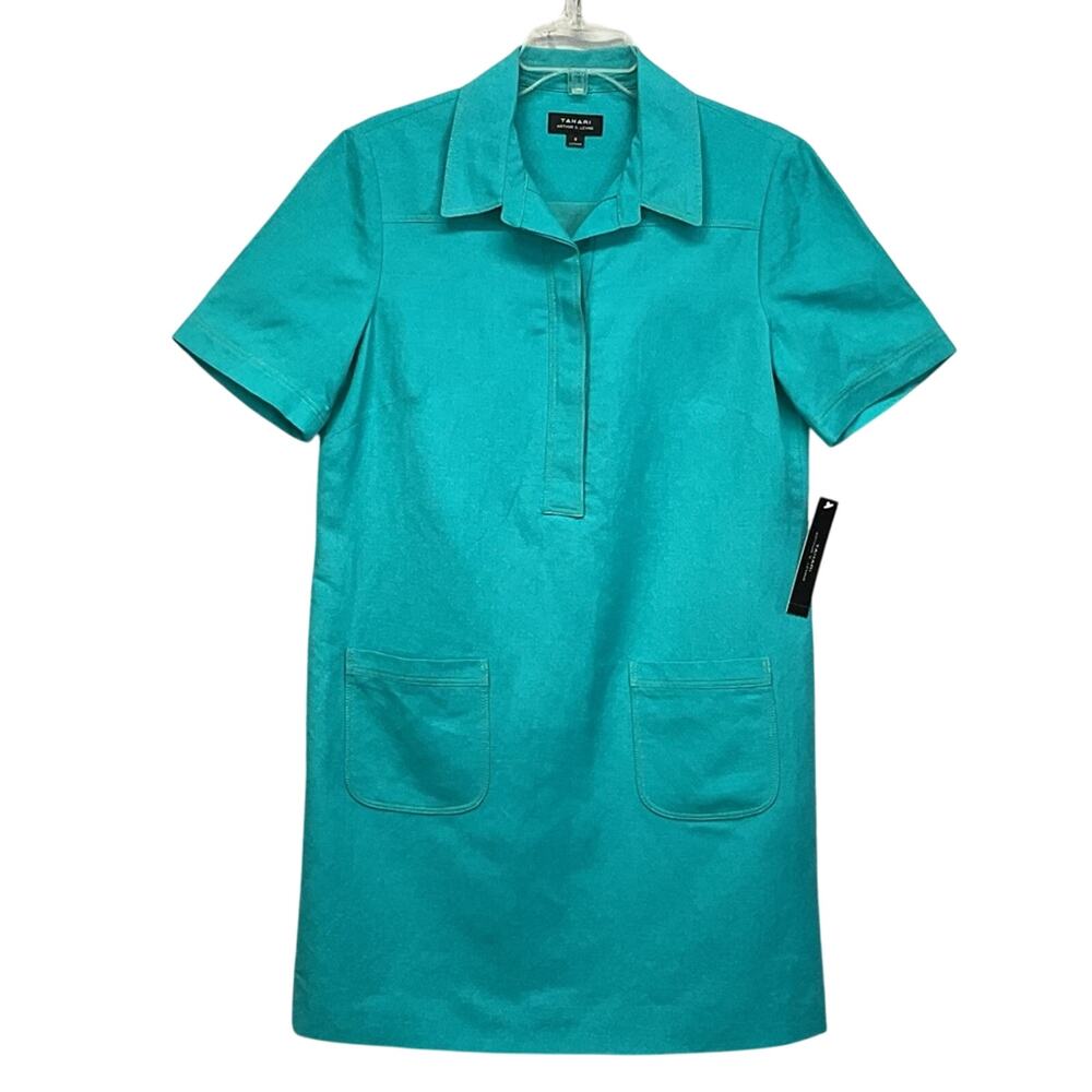 Tahari Shift Dress Women's Size 8 Turquoise Linen Blend Lined Lagenlook Business